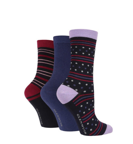 3 Pair Glenmuir  Womens Spots and Stripes Bamboo Socks